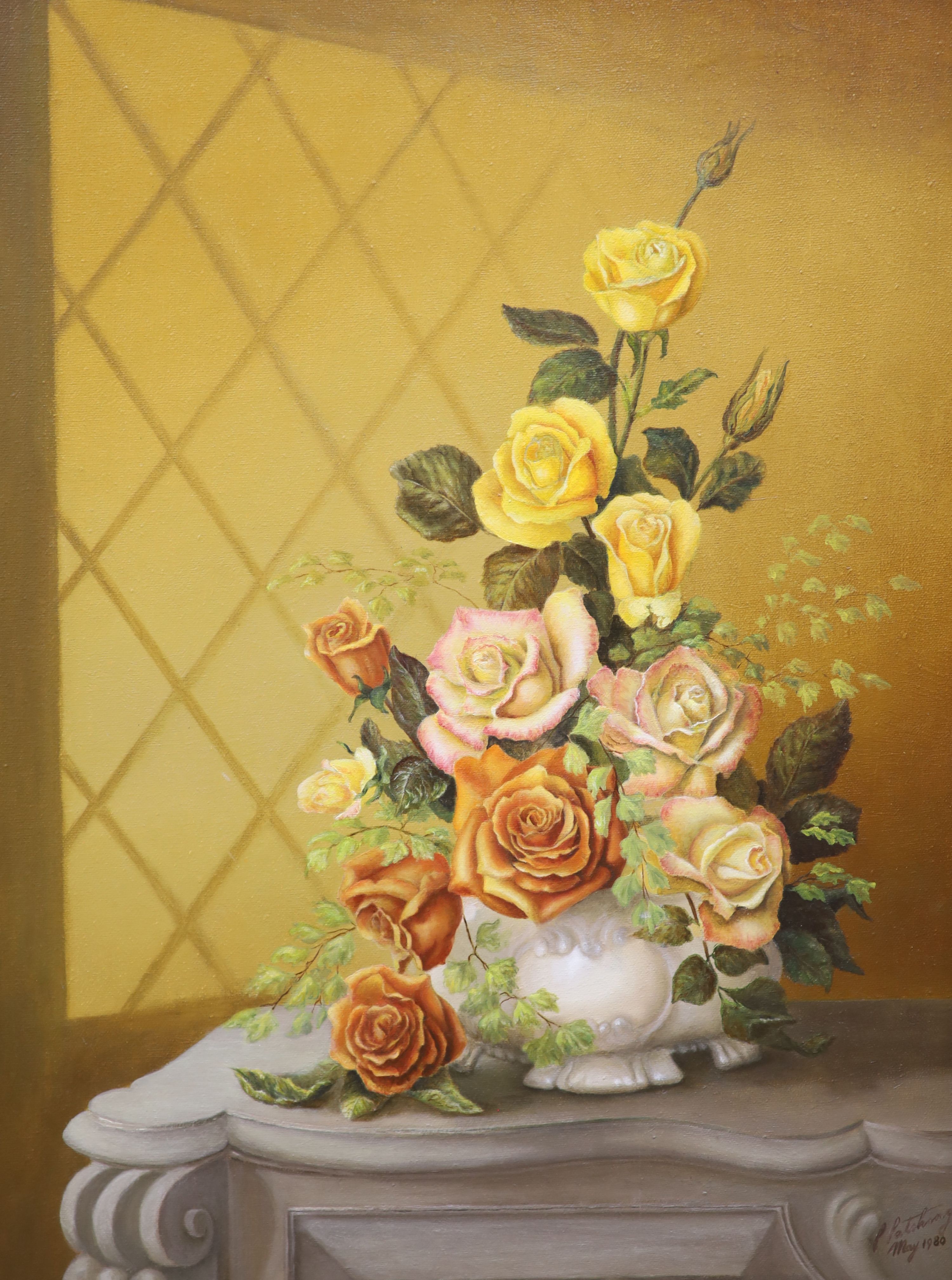 P. Patching, Still life of roses in a vase on a mantelpiece, indistinctly signed, oil on canvas, 60 x 45cm